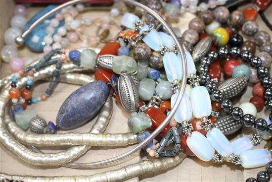 A mixed group of assorted costume jewellery including hematite necklace and two mounted glass scent bottles.